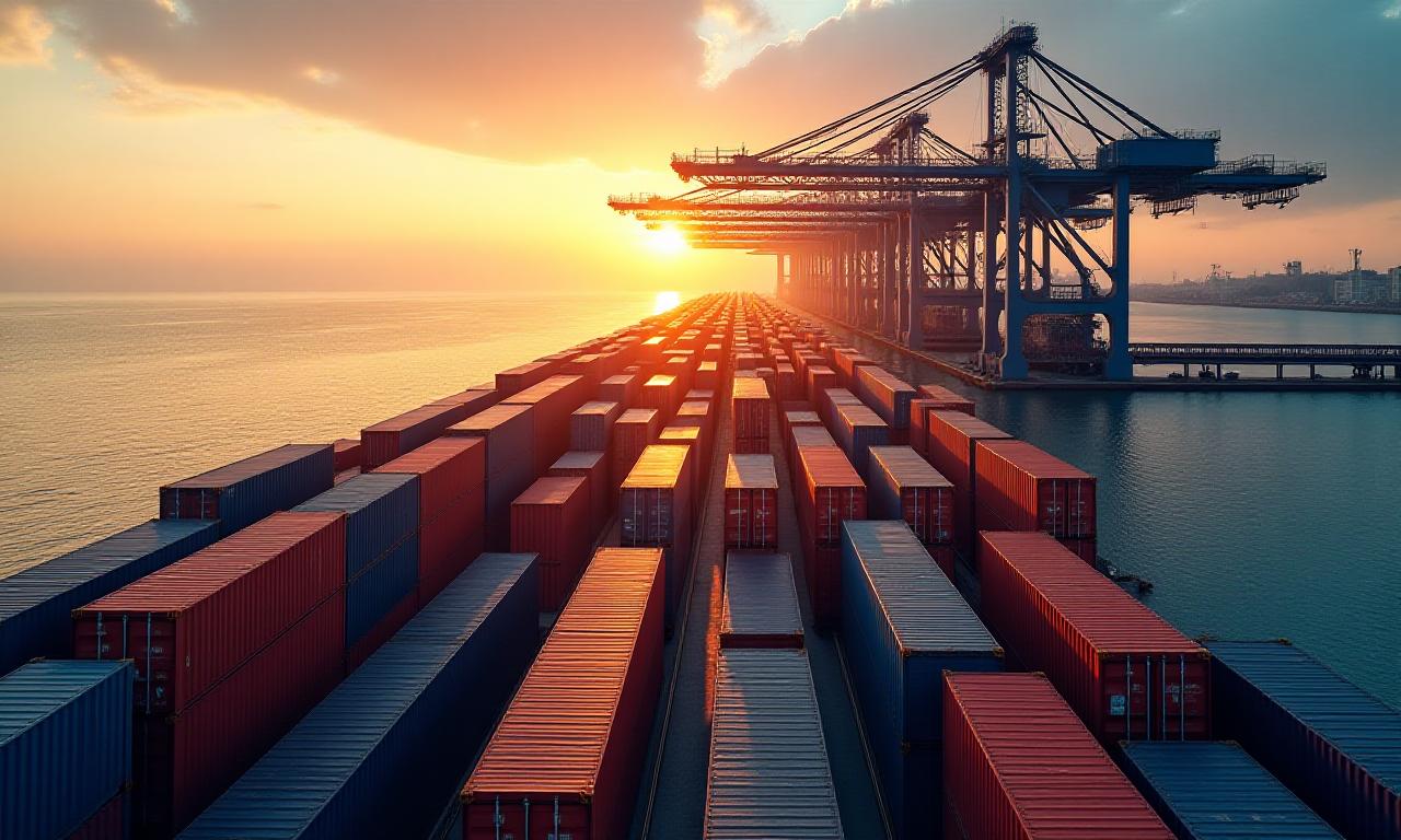 Großer Containerhafen bei Sonnenaufgang, symbolisch für globalen Handel