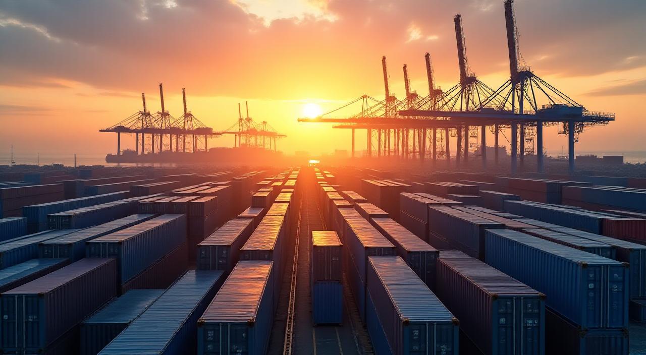 Blick auf einen geschäftigen Containerhafen bei Sonnenaufgang