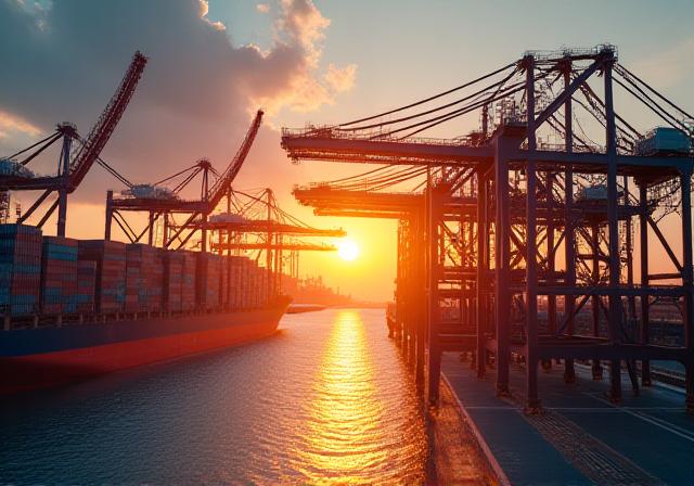 Ein geschäftiger internationaler Containerhafen bei Sonnenaufgang, symbolisch für globalen Handel