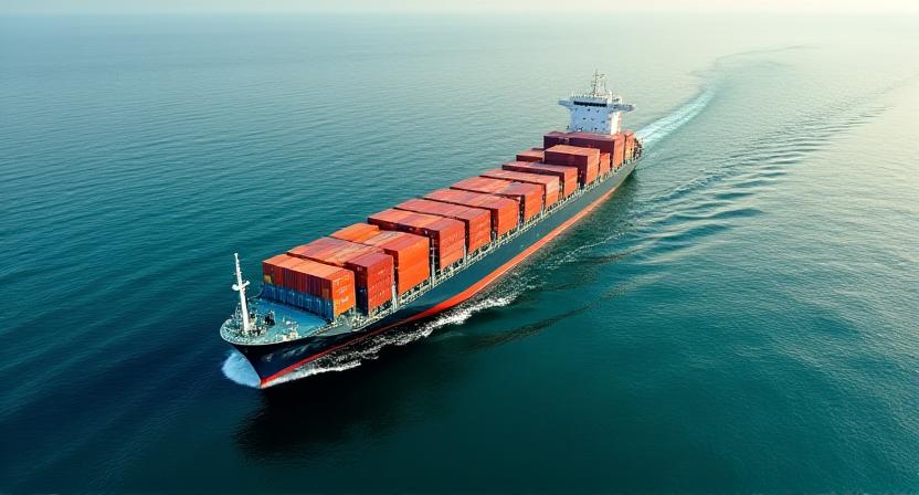 Containerschiff bei Dämmerung auf einer strategischen Seeroute